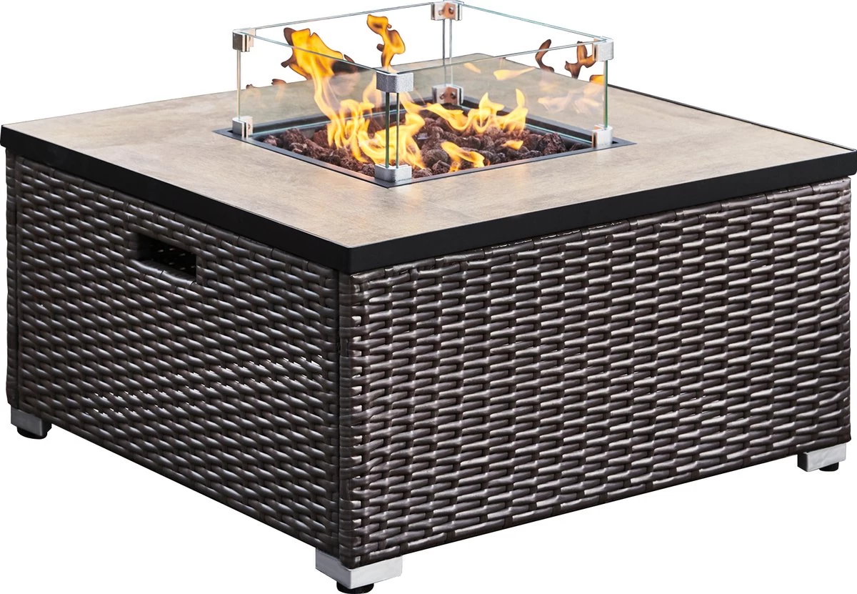 Teamson Home Vierkant Propaan Gas Vuurtafel - Vuurkorf Buiten - Geen Rook - Terrashaard - Rotan/Metaal - Met Windscherm, Lavastenen & Omslag 9 Teamson Home Vierkant Propaan Gas Vuurtafel - Vuurkorf Buiten - Geen Rook - Terrashaard - Rotan/Metaal - Met Windscherm, Lavastenen & Omslag - Afbeelding 7