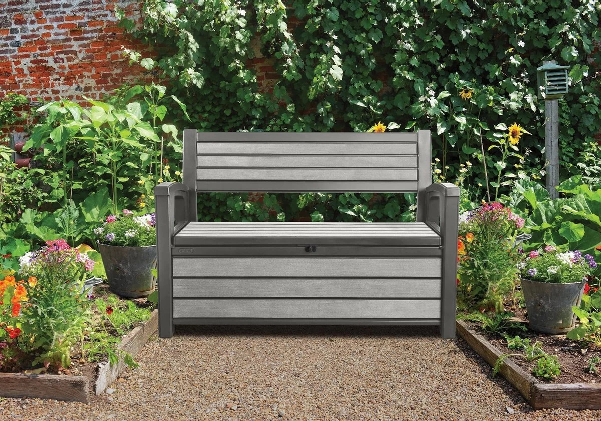 Keter - Hudson Bench Box - 2-zits Bank - Opbergbox - Hout Look & Feel - 227L - 138x63x89cm - Antraciet 5 Keter - Hudson Bench Box - 2-zits Bank - Opbergbox - Hout Look & Feel - 227L - 138x63x89cm - Antraciet - Afbeelding 3