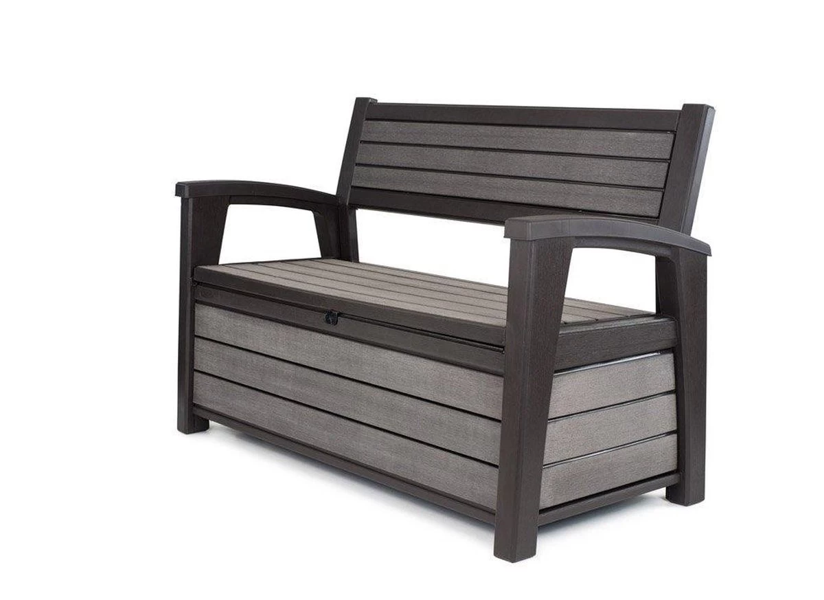 Keter - Hudson Bench Box - 2-zits Bank - Opbergbox - Hout Look & Feel - 227L - 138x63x89cm - Antraciet 3 Keter - Hudson Bench Box - 2-zits Bank - Opbergbox - Hout Look & Feel - 227L - 138x63x89cm - Antraciet