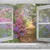 Tuinposter - 90x65 Cm - Doorkijk - Wit Venster Hortensia Tuin - Tuindecoratie - Tuindoek - Tuin Decoratie - Tuinposters Buiten - Tuinschilderij