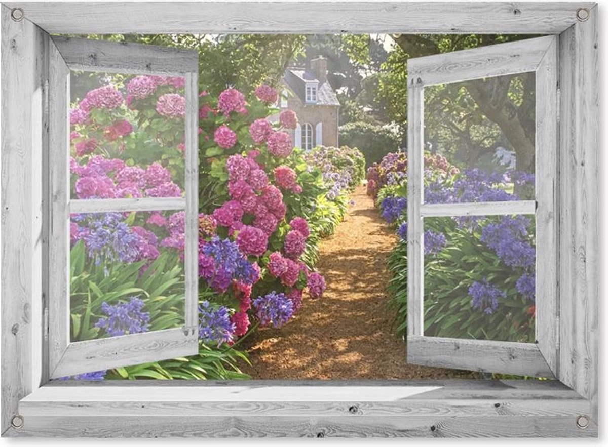 Tuinposter - 90x65 Cm - Doorkijk - Wit Venster Hortensia Tuin - Tuindecoratie - Tuindoek - Tuin Decoratie - Tuinposters Buiten - Tuinschilderij 3 Tuinposter - 90x65 Cm - Doorkijk - Wit Venster Hortensia Tuin - Tuindecoratie - Tuindoek - Tuin Decoratie - Tuinposters Buiten - Tuinschilderij