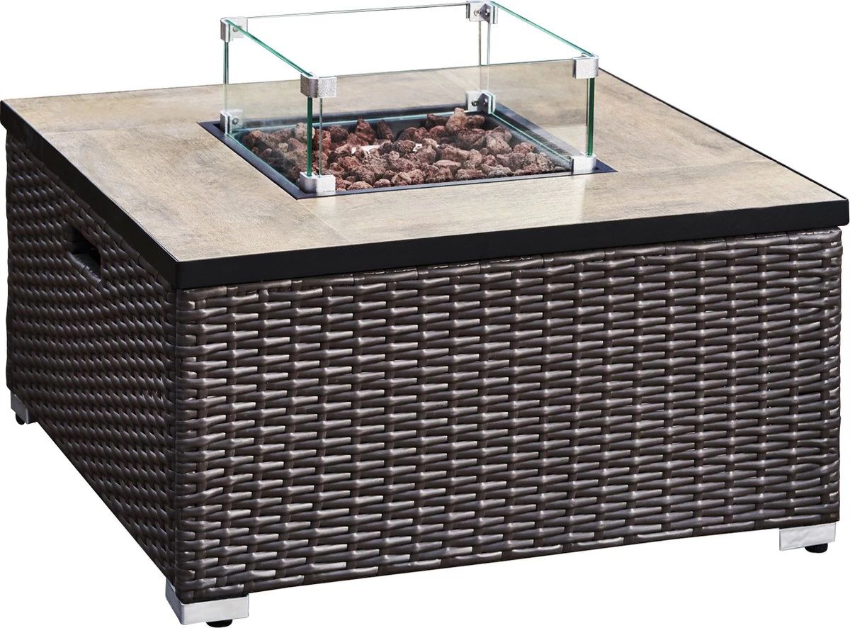 Teamson Home Vierkant Propaan Gas Vuurtafel - Vuurkorf Buiten - Geen Rook - Terrashaard - Rotan/Metaal - Met Windscherm, Lavastenen & Omslag 7 Teamson Home Vierkant Propaan Gas Vuurtafel - Vuurkorf Buiten - Geen Rook - Terrashaard - Rotan/Metaal - Met Windscherm, Lavastenen & Omslag - Afbeelding 5