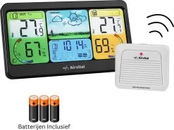 Airvital Weerstation Voor Binnen En Buiten - Draadloos - Oplaadbare Buitensensor Met 60m Bereik - Weersvoorspelling - Binnen En Buitentemperatuur - Barometer