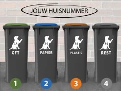 Container Stickers - Voordeelset 4 Stuks - 15x20 Cm - Container / Kliko Sticker Huisnummer - Afvalcontainer Sticker - Klikosticker - Hond Met Huisnummer En Tekst: Plastic, Papier, GFT En Restafval