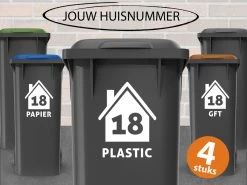 Container Stickers - Voordeelset 4 Stuks - 15x20 Cm - Sticker Voor Afvalcontainer - Klikosticker - Huisje Met Huisnummer En Tekst: Plastic, Papier, GFT En Restafval