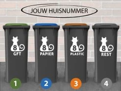 Container Stickers - Voordeelset 4 Stuks - 15x20 Cm - Container / Kliko Sticker Huisnummer - Afvalcontainer Sticker - Klikosticker - Kat / Poes Met Huisnummer En Tekst: Plastic, Papier, GFT En Restafval