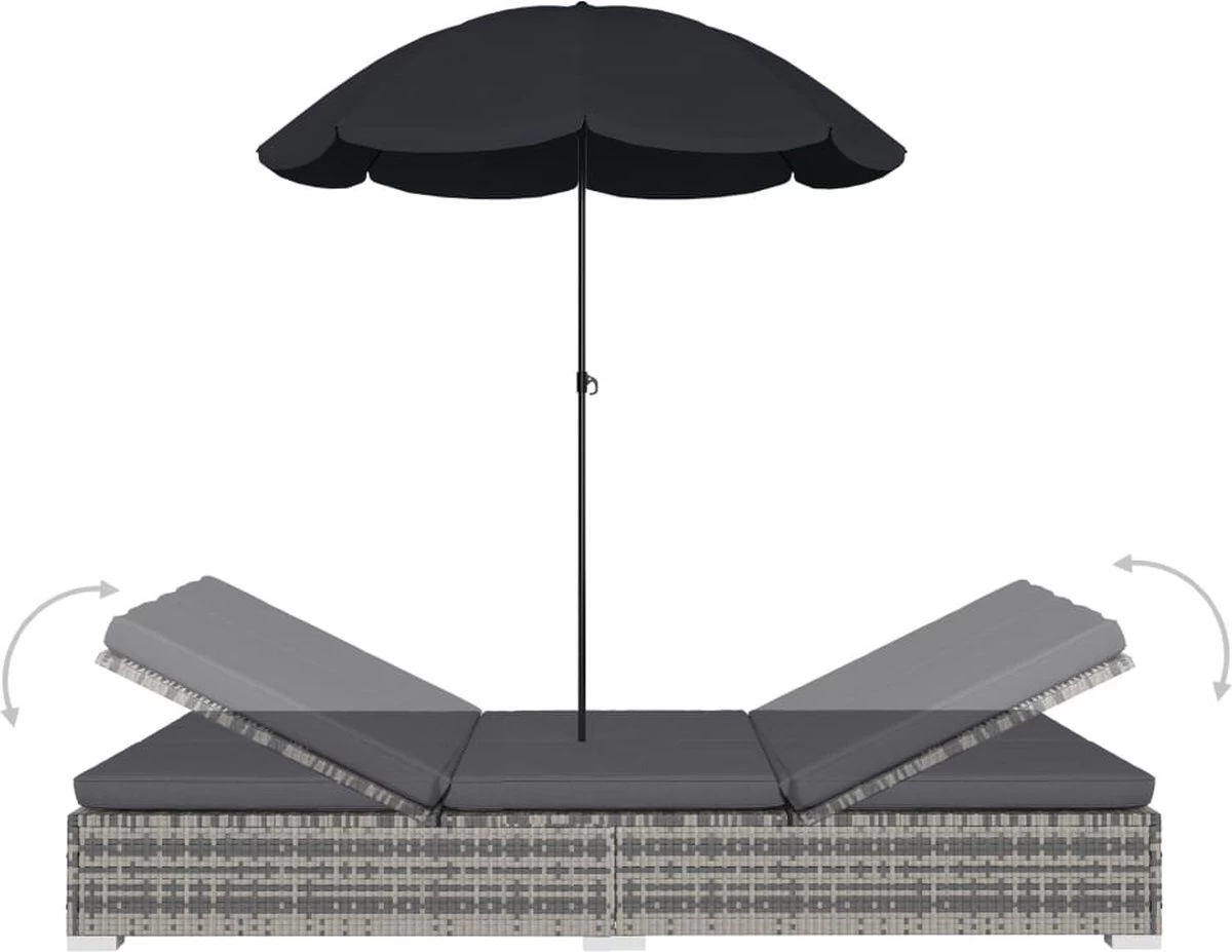 Prolenta Premium - Loungebed Met Parasol Poly Rattan Grijs 7 Prolenta Premium - Loungebed Met Parasol Poly Rattan Grijs - Afbeelding 5