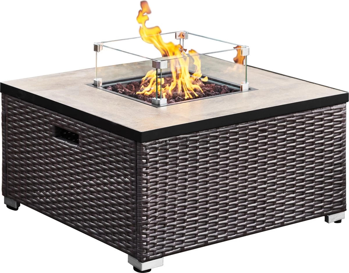 Teamson Home Vierkant Propaan Gas Vuurtafel - Vuurkorf Buiten - Geen Rook - Terrashaard - Rotan/Metaal - Met Windscherm, Lavastenen & Omslag 16 Teamson Home Vierkant Propaan Gas Vuurtafel - Vuurkorf Buiten - Geen Rook - Terrashaard - Rotan/Metaal - Met Windscherm, Lavastenen & Omslag - Afbeelding 14