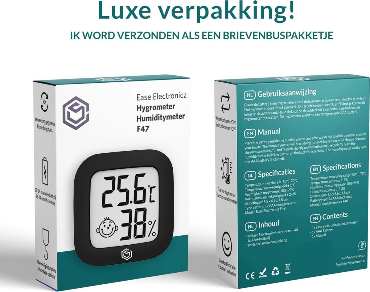 Ease Electronicz Hygrometer - Weerstation - Luchtvochtigheidsmeter - Thermometer Voor Binnen - Incl. Batterij En Plakstrip 11 Ease Electronicz Hygrometer - Weerstation - Luchtvochtigheidsmeter - Thermometer Voor Binnen - Incl. Batterij En Plakstrip - Afbeelding 9