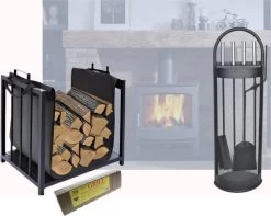 OpenHaard Set / Haardstel Voor Houtkachel Bestaande Uit Houtmand Met Uitneembare Hoes Voor Haardhout & Kachelhout + 5 Delige Set Met Haard & Kachel Accessoires Tang Pook Schep Borstel In Stabiele Standaard - Nu Met 30 Aanmaakblokjes - Haard Vuurkorf