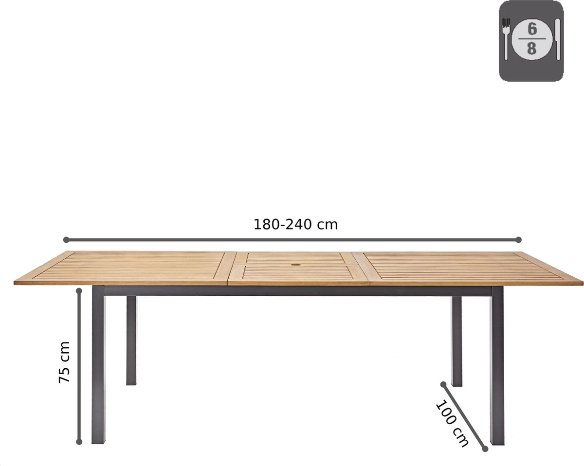 NATERIAL - Uitschuifbare Tuintafel ORIS - Uitschuifbare Tafel Voor 6 Tot 8 Personen - 180-240x100 Cm - Aluminium - Hout Eucalyptus 5 NATERIAL - Uitschuifbare Tuintafel ORIS - Uitschuifbare Tafel Voor 6 Tot 8 Personen - 180-240x100 Cm - Aluminium - Hout Eucalyptus - Afbeelding 3