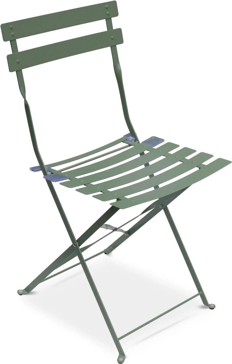 EMILIA Bistroset - 2 Inklapbare Stoelen En Een Ronde Tafel Van Gepoedercoat Staal Met Matte Afwerking – Groengrijs 5 EMILIA Bistroset - 2 Inklapbare Stoelen En Een Ronde Tafel Van Gepoedercoat Staal Met Matte Afwerking – Groengrijs - Afbeelding 3