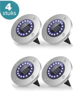 ForDig Solar Grondspots (4 Stuks) - RVS Grond Spots Op Zonne-energie Met 16 LED Spotjes - 10 Uur Buiten Verlichting In Tuin - IP65 Waterdicht - Tuinverlichting Lamp - Buitenverlichting Tuinlamp
